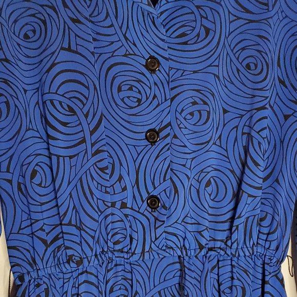 Spiral Jetty Printed Blue & Black Long Sleeve 80s Button-Up Dress - Picture 6 of 8
